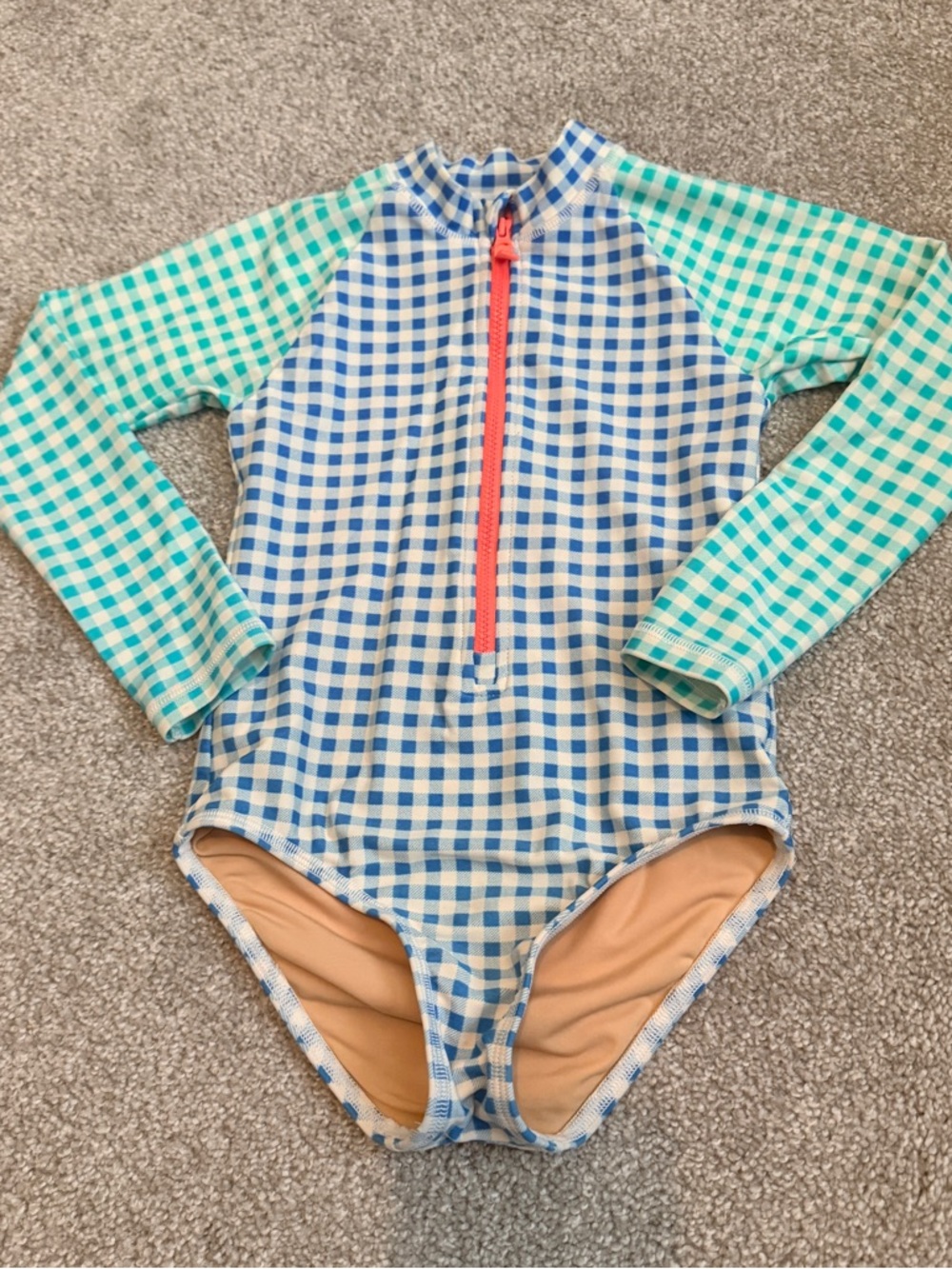 Crewcuts Girls Gingham 1 Piece Rash Guard Swimsuit Plaid Half Zip UPF 50+ Sz 4-5